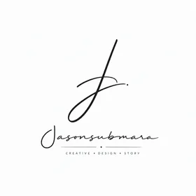 JasonSubmara 签名 Logo — 花押字母 J,草书 Jasonsubmara,底部标语 CREATIVE · DESIGN · STORY
